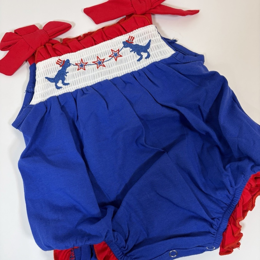 New Rylee Faith Girl 3M Romper Patriotic Embroidered Star America Smock Bow Tie